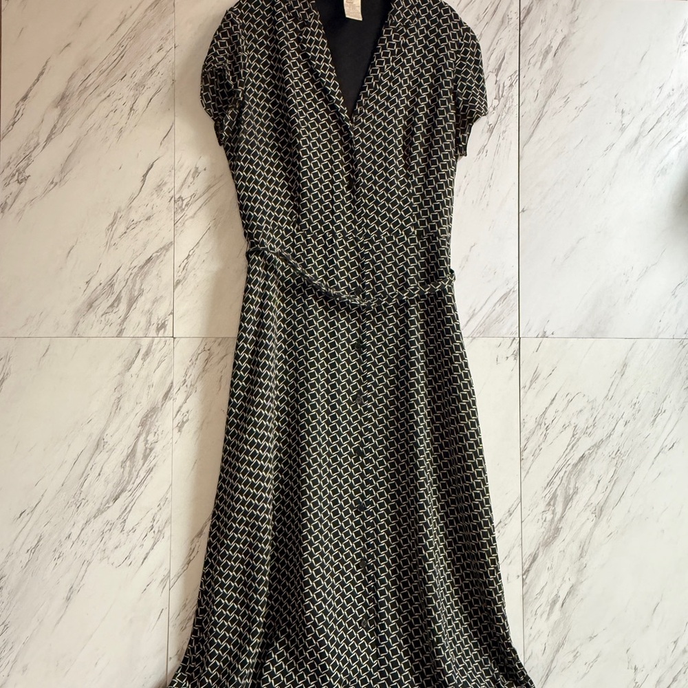 Jones New York Silk Short Sleeve Geometric Print Belted Button Midi Dress SZ 12